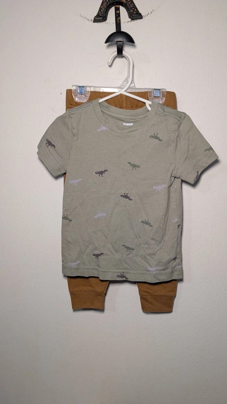 Boys Size 2T Outfit - Pekkle Gray Dino T-shirt + Garanimals Tan Sweatpants